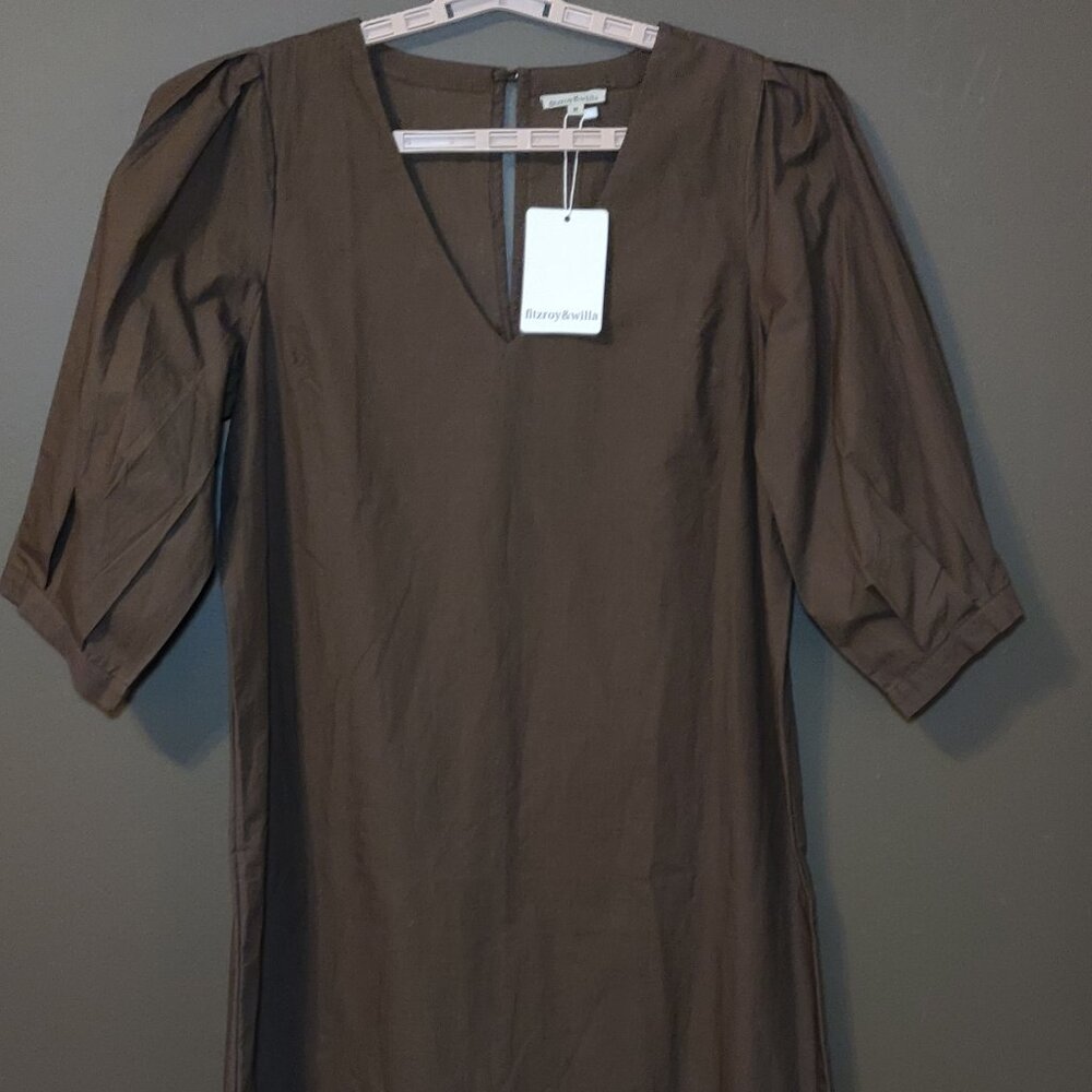 Fitzroy & Willa Brown Puff Sleeve Midi Dress MEDIUM NEW WITH TAGS